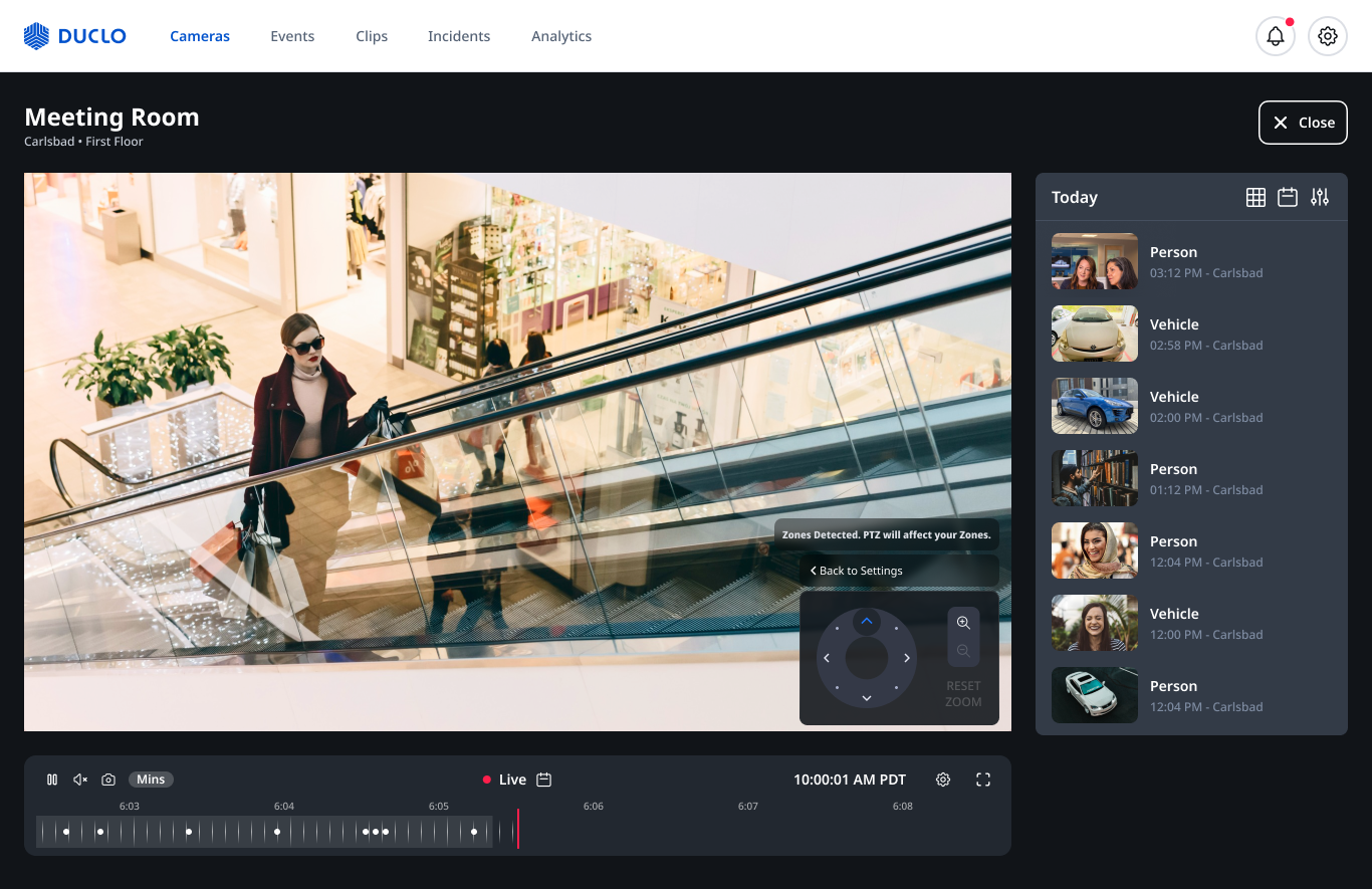 Duclo focused camera view with pan, tilt, and zoom controls