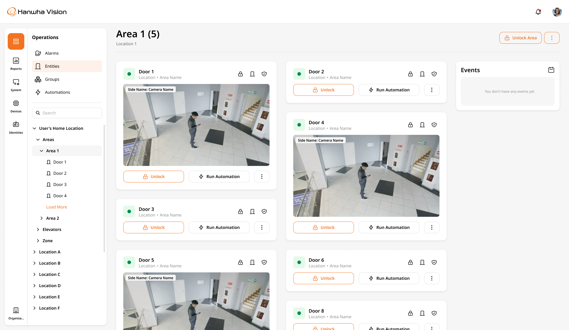 OnCAFE area view showing access controls, camera context, and activity