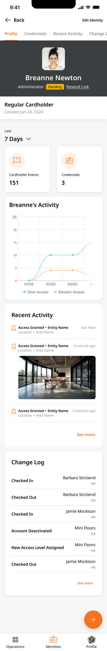 OnCAFE identity profile with credentials and recent access activity