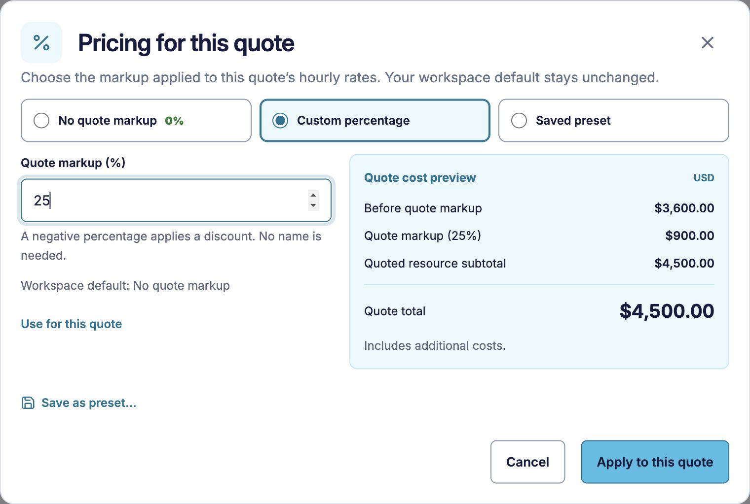 ScopeWise quote pricing dialog with custom markup and a before-and-after cost preview