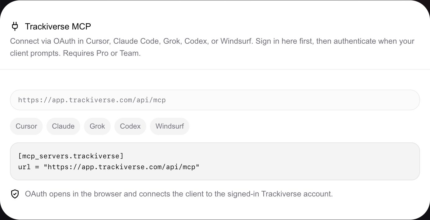 Trackiverse MCP connection panel with OAuth guidance