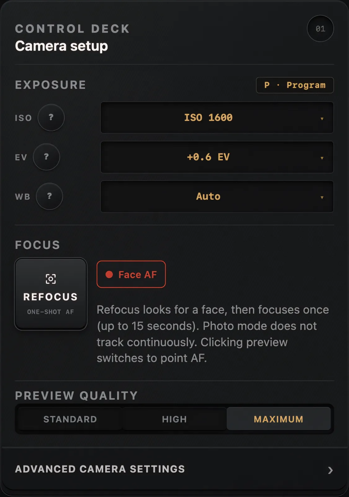 ViewportCam control deck with exposure, focus and preview quality