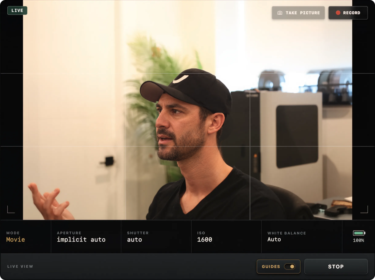 ViewportCam live preview with Take picture and Record actions above the frame