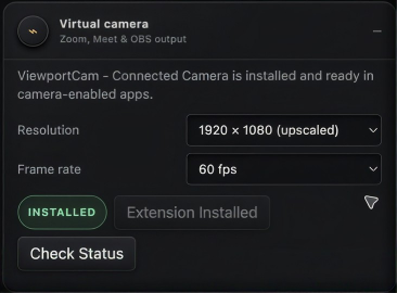 ViewportCam native virtual camera installation and output controls